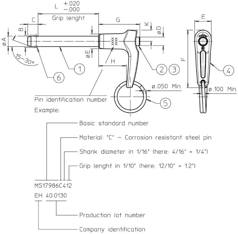 Quick Release Pin with L Handle - single acting - according to NASM / MS 17986_Drawings